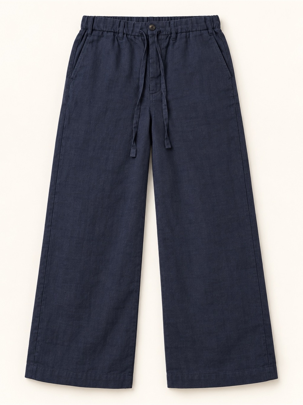 Women's Navy Wide-Leg Drawstring Linen Blend Pants